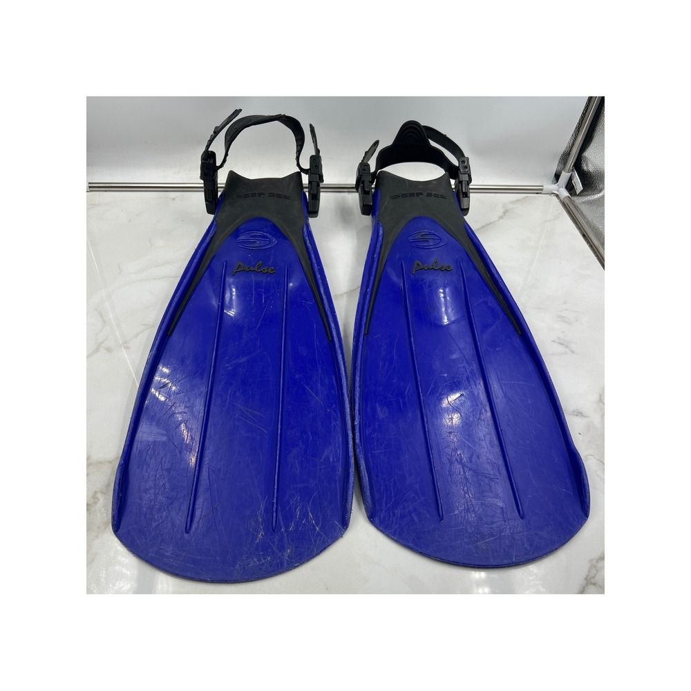 Aqua Lung Pulse Scuba Diving Fins Blue Open Heel Adjustable Large Deep Sea